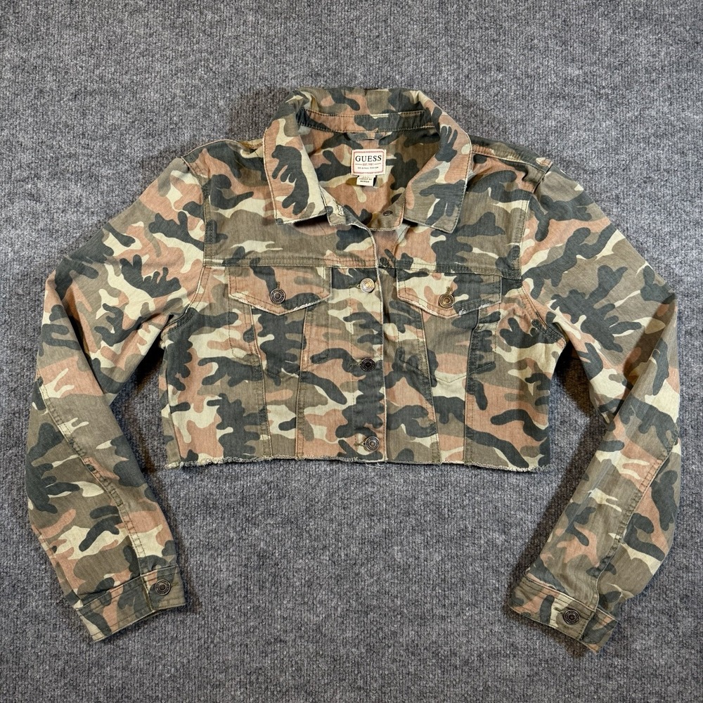 GUESS Camo Cropped Jean Jacket Womens Medium Raw Hem 100% Cotton